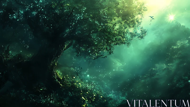 Ancient bioluminescent tree anchors a luminous forest vista