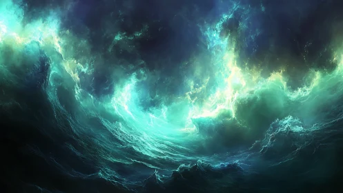 Cosmic storm surge over luminous turquoise ocean vortex.
