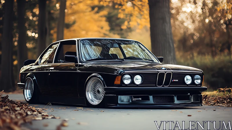 Lowered classic BMW coupe on forest road in autumn light.