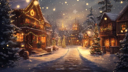 Snowy Christmas village street under warm festive lights.