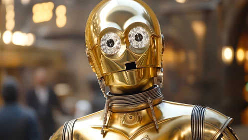 Gold-plated humanoid protocol robot with reflective metal surface