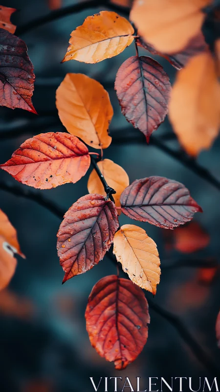 Autumn beech leaves in teal bokeh with vivid orange contrast.