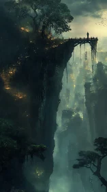 Vertiginous bioluminescent canyon city with lone bridge observer.