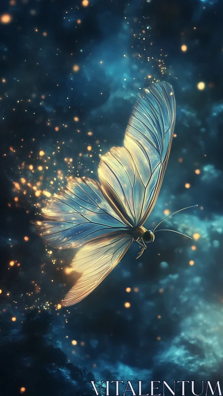 Luminous butterfly with translucent wings glows in deep space
