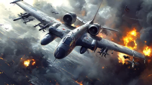 Strike fighter jet dives through firelit storm clouds.