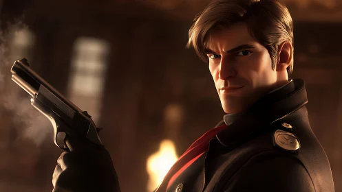 Animated male agent holding pistol in dim interior setting.