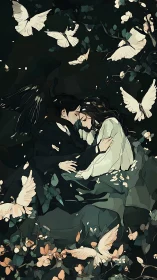 Two figures lie embraced amid birds and dense foliage