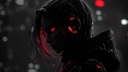 Cybernetic rogue portrait in glossy blacks and neon crimson.