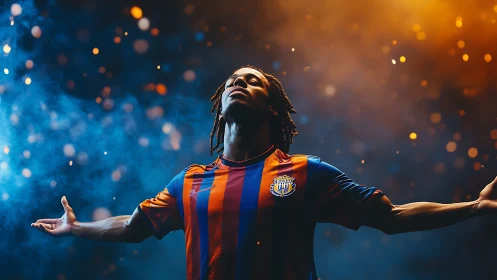 Triumphant footballer embraces stadium lights and glory.