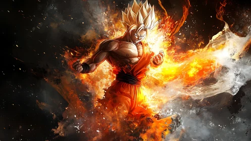 Golden haired warrior explodes with flaming battle aura