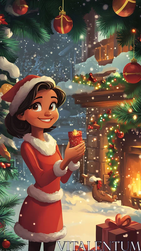 Festive girl holding gift by glowing winter fireplace scene.