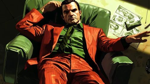 Man in red suit reclining on green armchair under hard light.