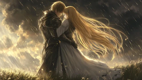 Two figures in rain with golden light emanation.