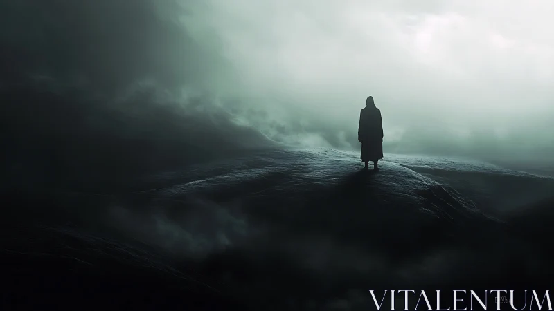 Solitary cloaked figure surveys desolate fogbound ridge