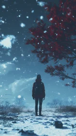 Solitary winter wanderer under a softly glowing sky.