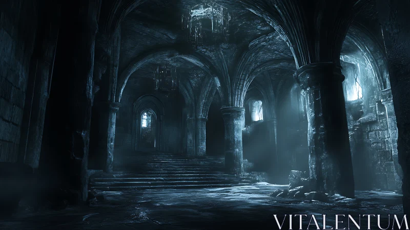 Gothic crypt interior dramatized by volumetric blue light