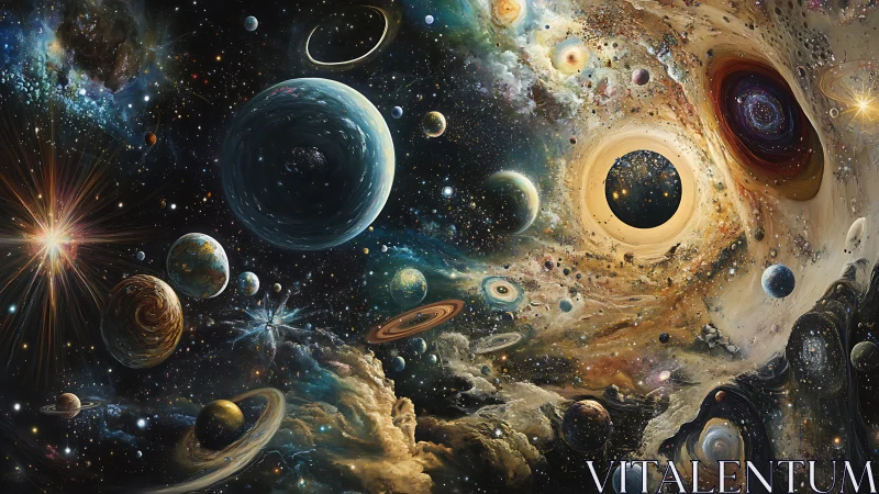 Surreal cosmic vortex with swirling planets and nebulae.