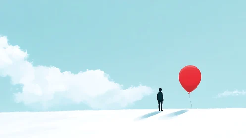 Quiet moment with a bright red balloon under open sky.