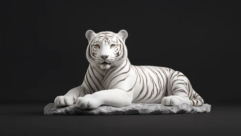 3D white tiger sculpture on stone plinth, minimal studio lighting.