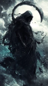 Dark hooded reaper figure with scythe in storm clouds.