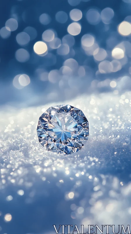 Solitaire diamond resting on soft snow in cool light.