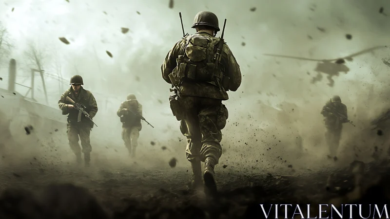 Soldiers advancing through smoke on a battlefield terrain.