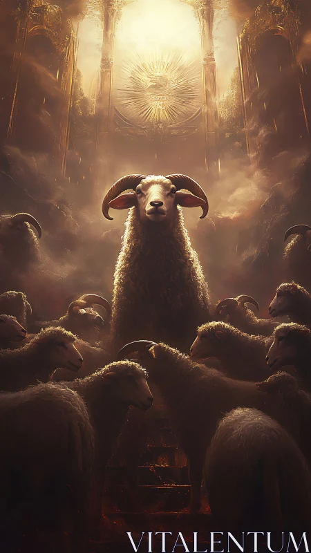 Majestic horned ram ascends a radiant celestial throne.