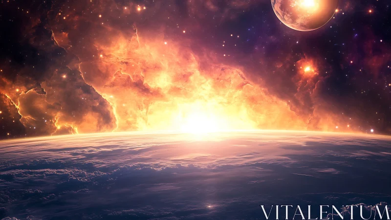 Stellar horizon sunrise over clouded exoplanet limb in nebula