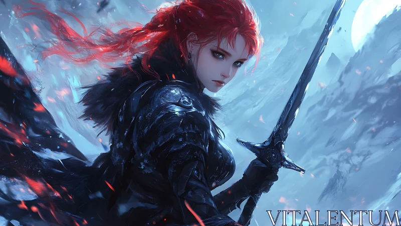 Fierce red haired warrior standing bold in a frozen storm.