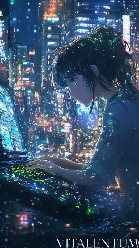 Midnight coder bathes neon cityscape in electric starlight.