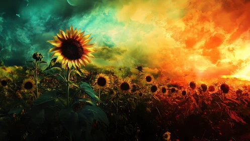 Solar crowned sunflower leading a twilight storm of fire.