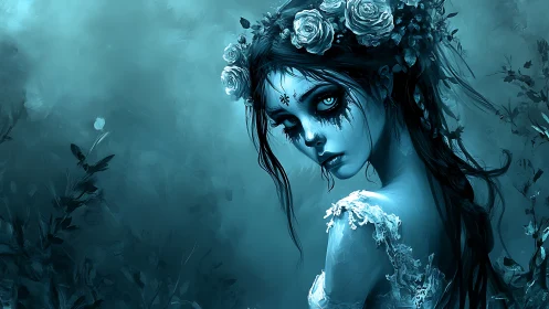 Ghosted bride in teal roses, watching from the hushwood.