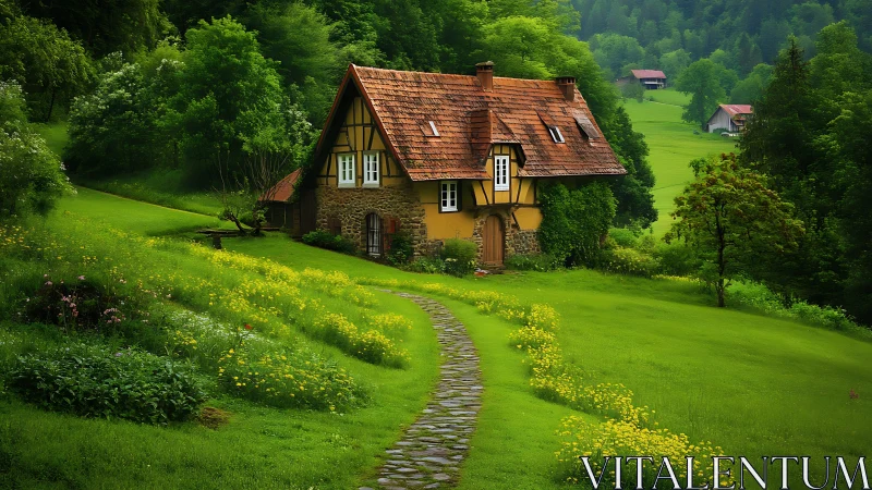 Tudor stone cottage on lush hillside with winding cobblestone path