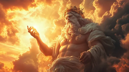 Golden sky god resting in glowing sunset clouds.