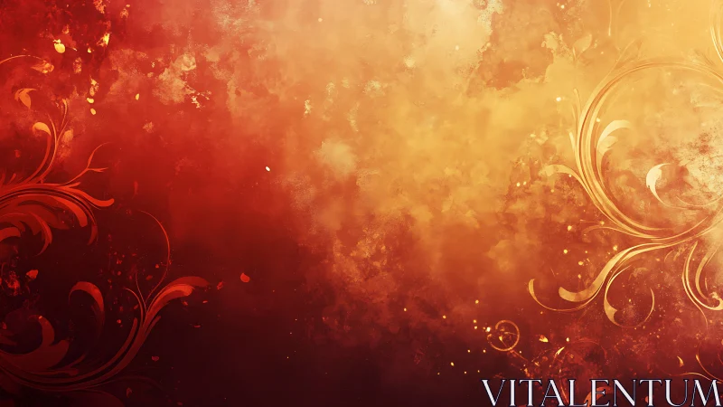 Fiery red gold floral swirl abstract digital backdrop.