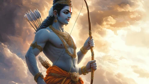 Digital painting of divine archer against luminous cloudscape.