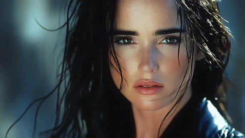 Wet haired woman in intense close up portrait study.