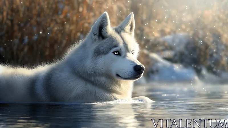 Blue-eyed husky in winter river with soft backlit snowfall