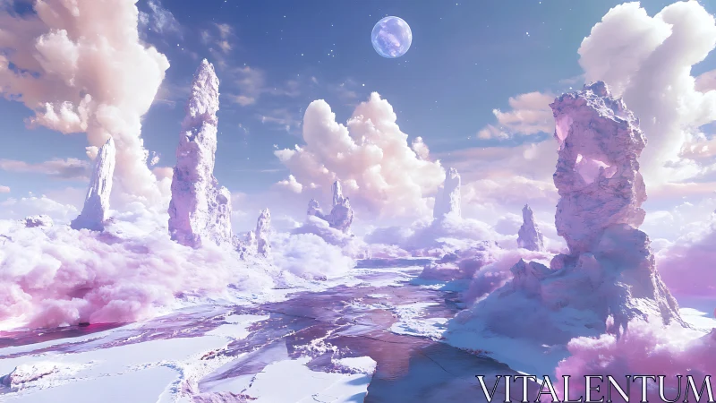 Vertical ice formations and stratified clouds under distant moon