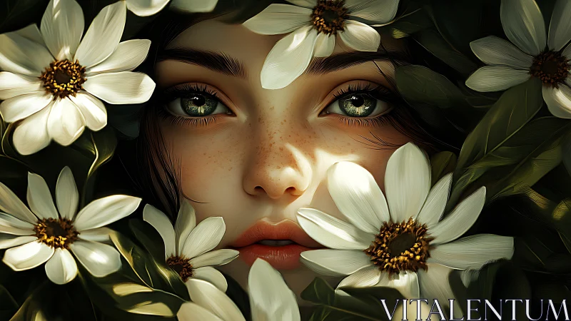 Gentle freckled face framed by soft white garden blooms.