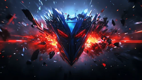 Futuristic crystal mask shattering in glowing red and blue energy.