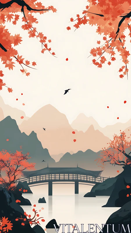 Crimson leaves drift softly above a serene mountain bridge