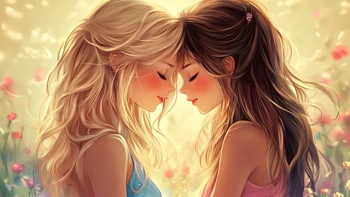 Two Young Figures Converge in Golden Light with Floral Ambiance