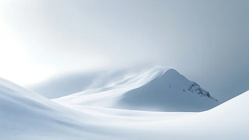 Snowbound mountain ridge rises through soft misty overcast