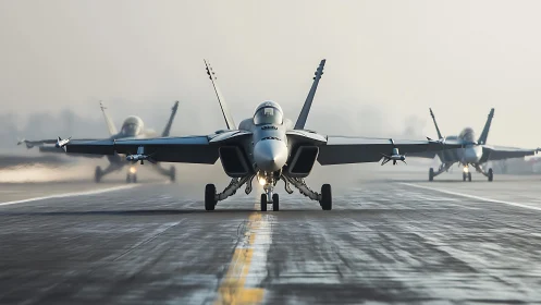 Modern fighter jet taxiing down misty military runway.