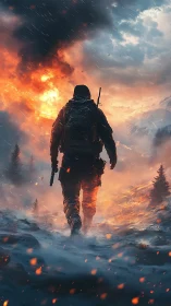 Heavily armed soldier advances through burning snowfield in storm