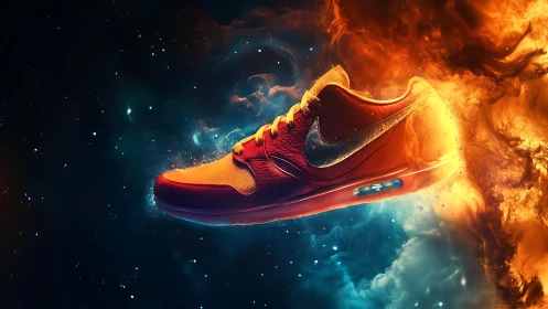 Sport shoe in cosmic fire and smoke digital artwork.