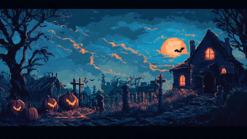 Haunted cottage glows under full moon in pixel nightscape.