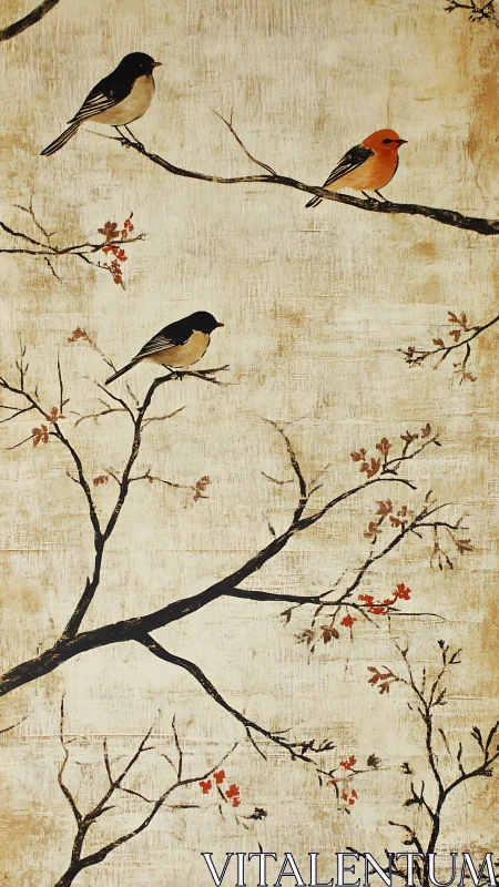 Songbirds rest on bare branches against a softly aged sky