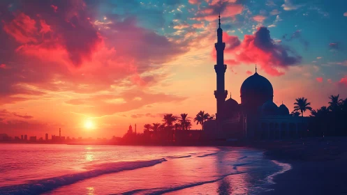 Coastal mosque silhouette under saturated sunset gradient sky